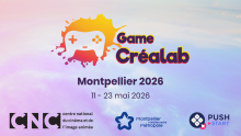 Logo du Game Créalab Montpellier 2026 et de ses partenaires : le CNC, Montpellier Méditérranée Métropole, Push Start