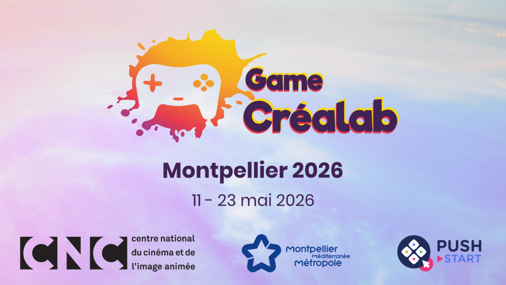 Logo du Game Créalab Montpellier 2026 et de ses partenaires : le CNC, Montpellier Méditérranée Métropole, Push Start
